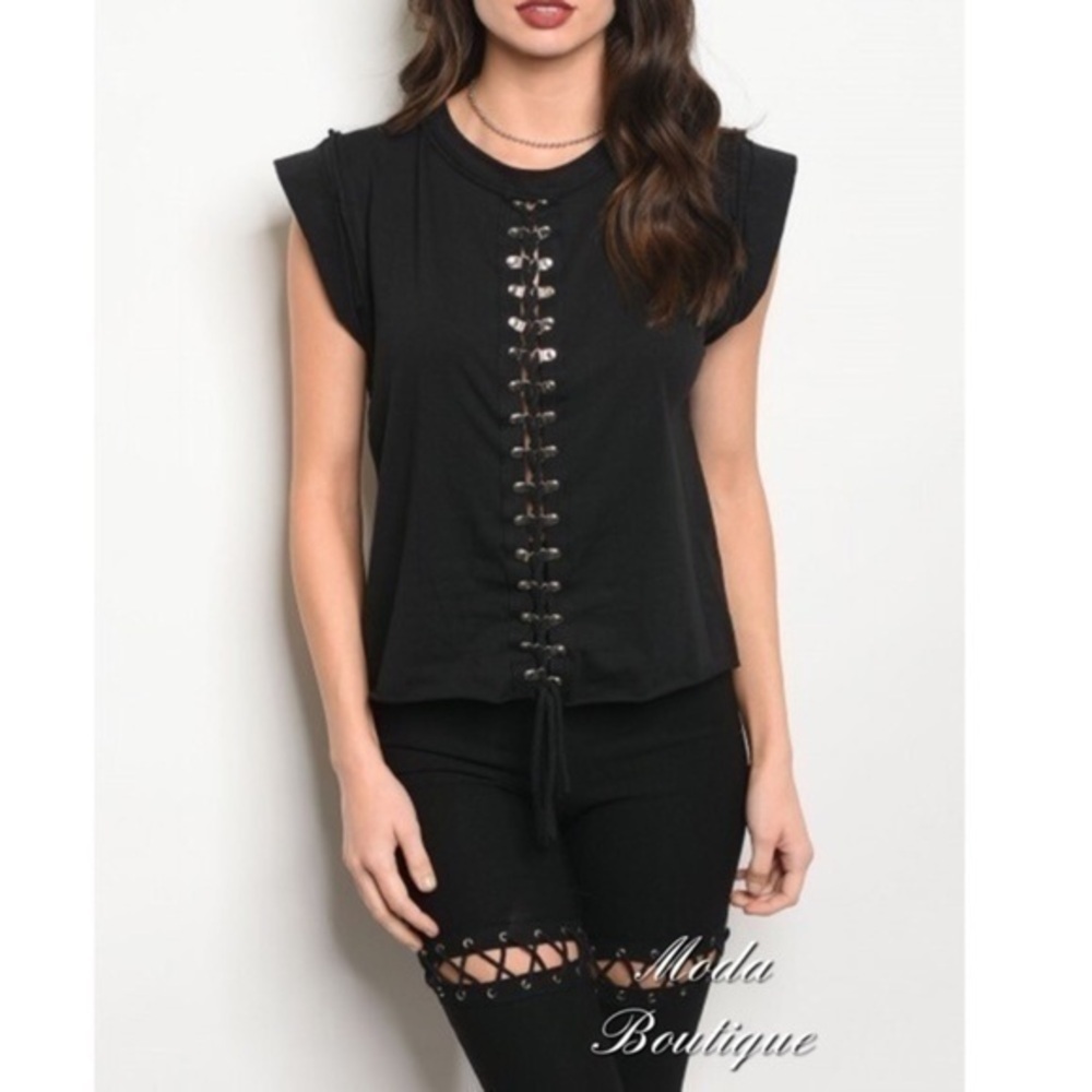Lace up black blouse